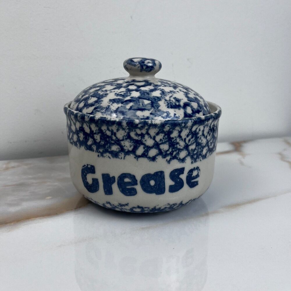 Vtg Tienshan Folk Craft Sponge Ware Grease Pot With Lid Stoneware Blue White